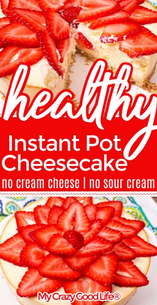 images of cheesecake with strawberries on top with text for pinterest