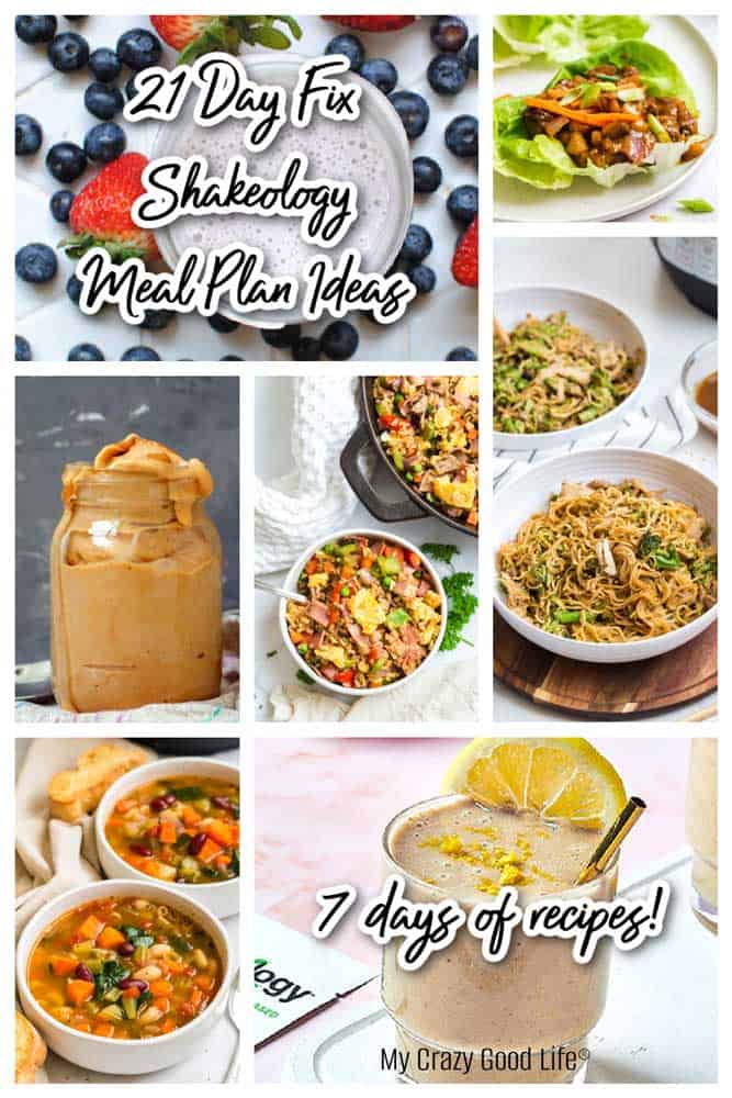 collage of images of Shakeology and recipe ideas with text