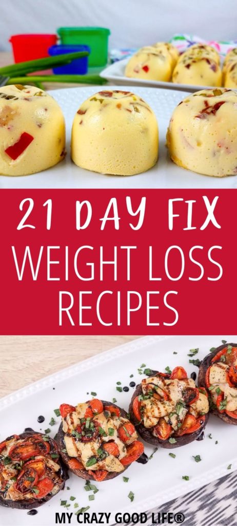 Weight loss meal plan pin with egg bites photo on top and Caprese chicken stuffed portobello mushrooms at the bottom.