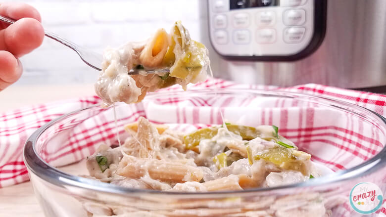 philly cheesesteak pasta in a clear bowl