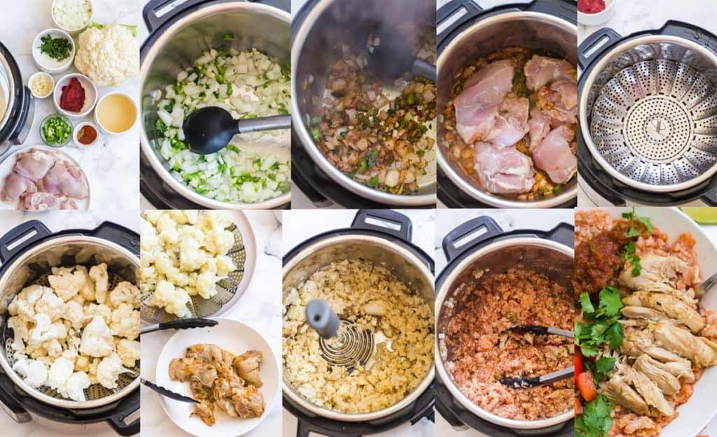 collage showing the steps for how to make this chicken and cauliflower rice