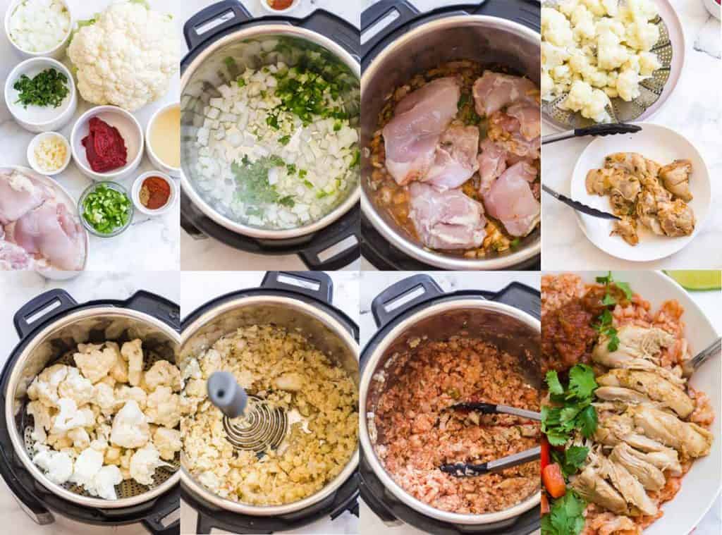 an eight image collage showing the progression of how to cook weight watchers cauliflower spanish rice in the instant pot. Starting with ingredients, vegetables, chicken, mashing cauliflower, and combining to final cooked meal in a bowl.