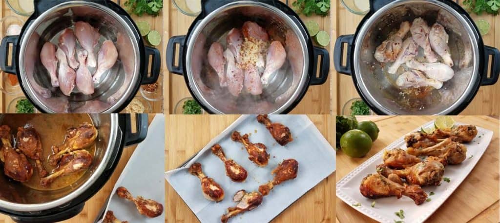 collage showing the steps for how to make instant pot chicken drumsticks