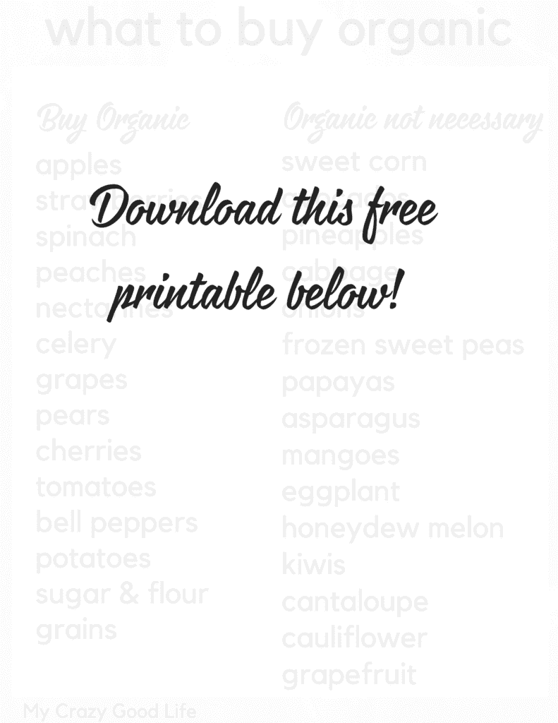 This free printable of what to buy organic and what not to will help you navigate the grocery store and decide what items are worth spending the extra money to buy organic. 