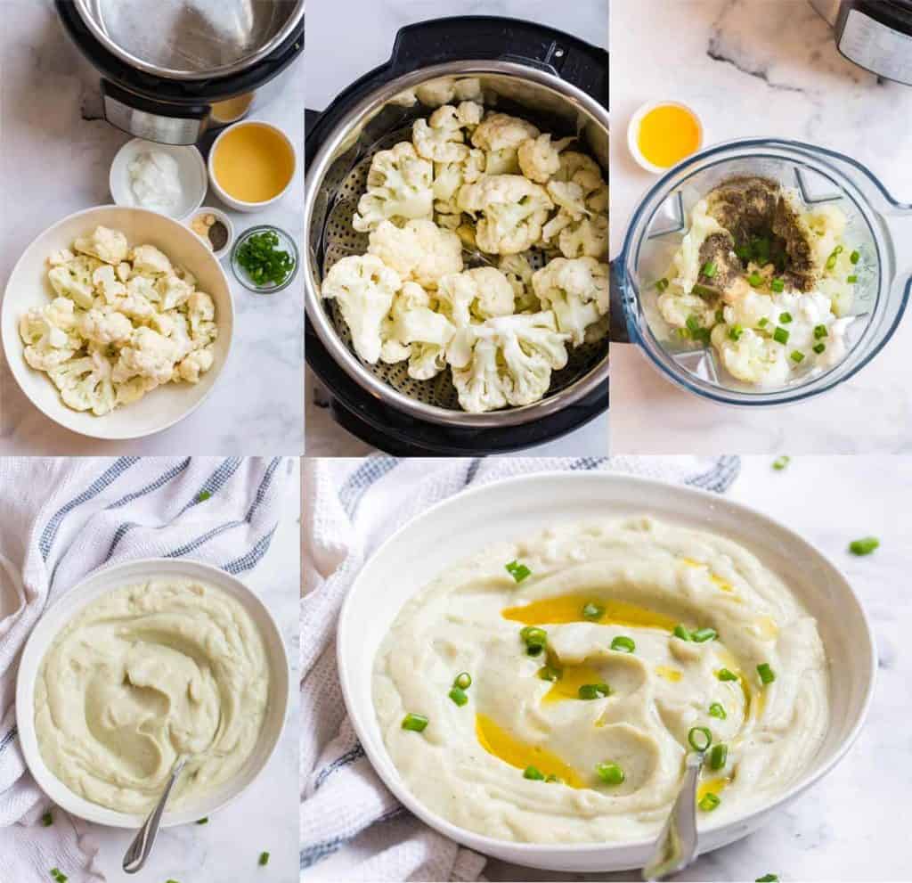 collage of steps to make mashed cauliflower