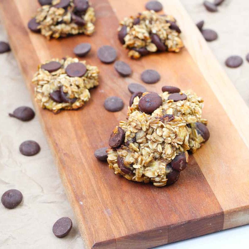 Banana Oatmeal Chocolate Chip Cookies on a wood board