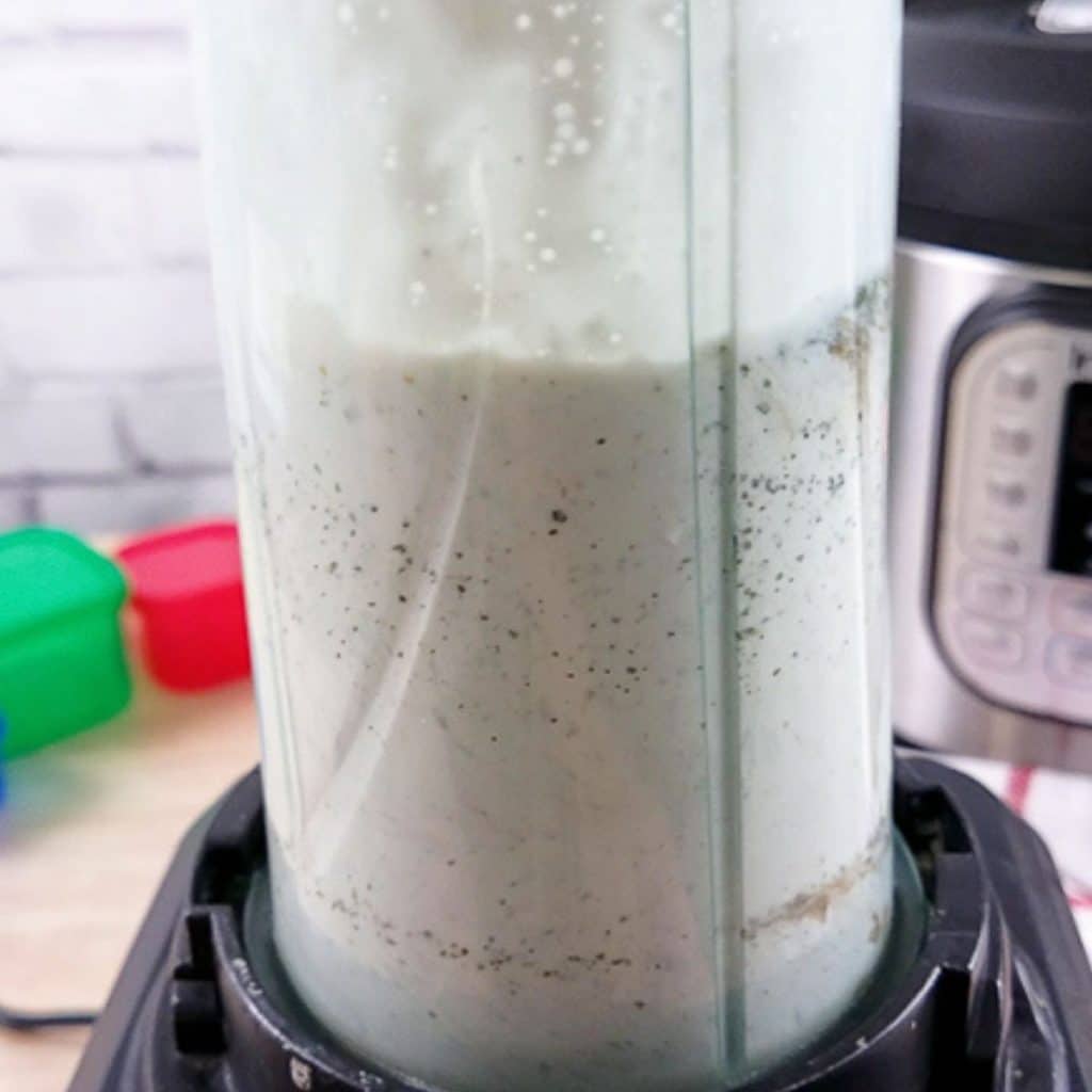 A blender with cottage cheese, greek yogurt and spices blended together.