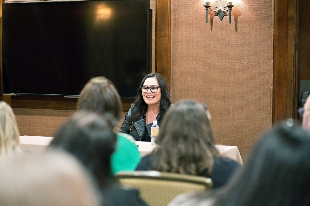 Rachel House chatting with a group of bloggers about Thor: Ragnarok