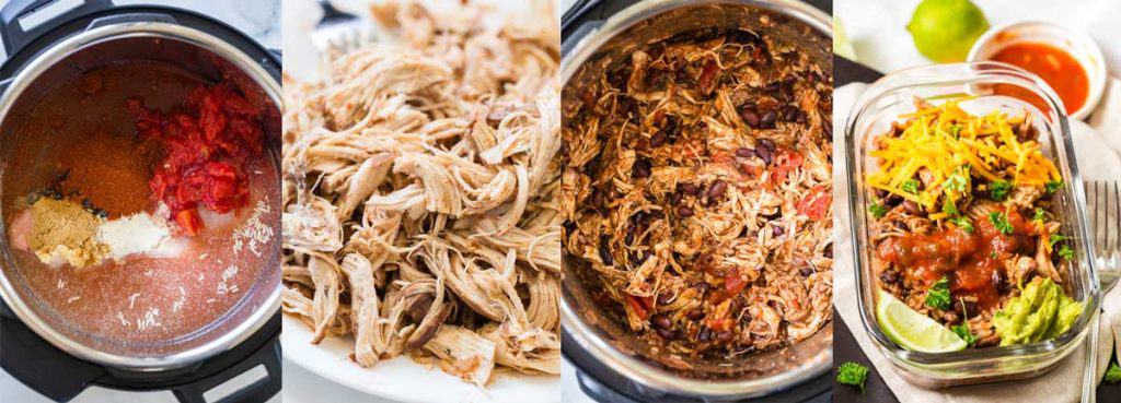Collage of steps in making Weight Watchers Burrito Bowl in the Instant Pot. The left image shows uncooked ingredients in instant pot, then shredded cooked chicken and beans. The third image shows all ingredients stirred and combined in the Instant Pot and the final image shows the completed dish in a meal prep container.