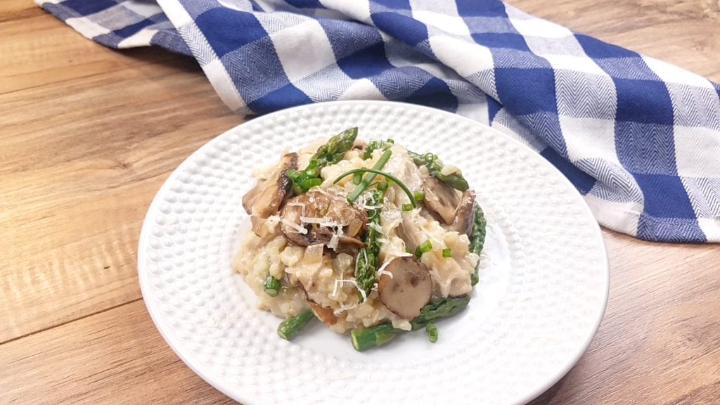 mushroom risotto on white plate