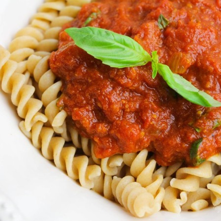 plate of pasta with healthy spaghetti sauce on top