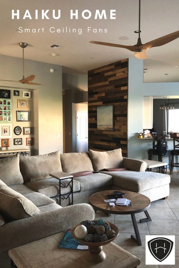 We are loving our stylish energy efficient high tech ceiling from from Haiku Home! Here's our Haiku Fan Review for our Haiku H Series Ceiling Fans. #DIY #ceilingfans #makeover #modern #livingroom #highceilings