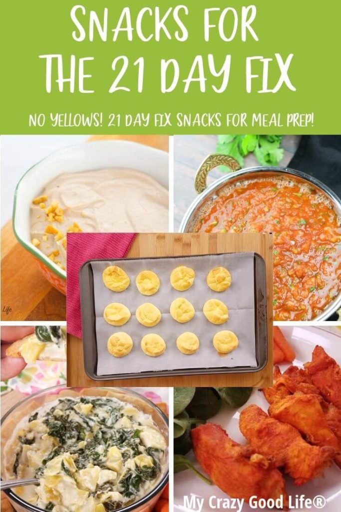 Collage of pictures of finished 21 Day Fix snack recipes.