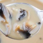 close up of spoon of cream of mushroom soup