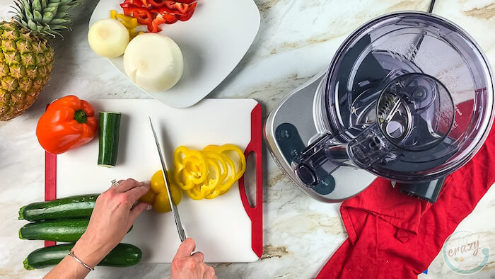 Chopping veggies like peppers and onions that are not spiraled.