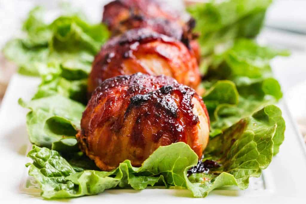 close up of cooked Bacon Wrapped BBQ Meatloaf Bombs