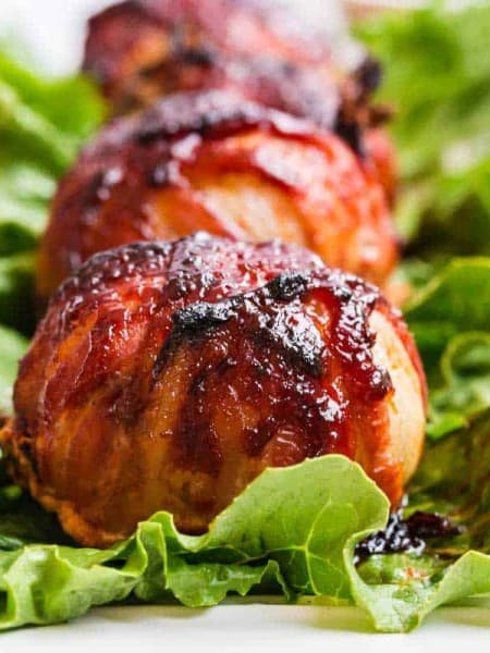 close up of cooked Bacon Wrapped BBQ Meatloaf Bombs