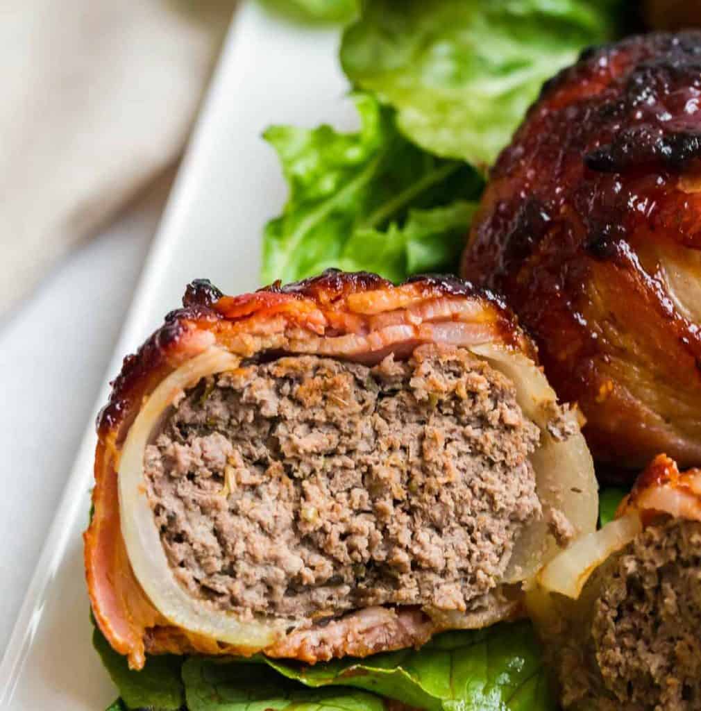 close up cut open Bacon Wrapped BBQ Meatloaf Bombs