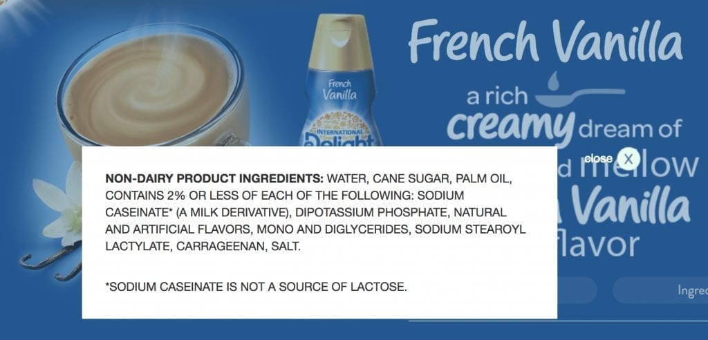 Ingredients from Vanilla International Delight Coffee Creamer