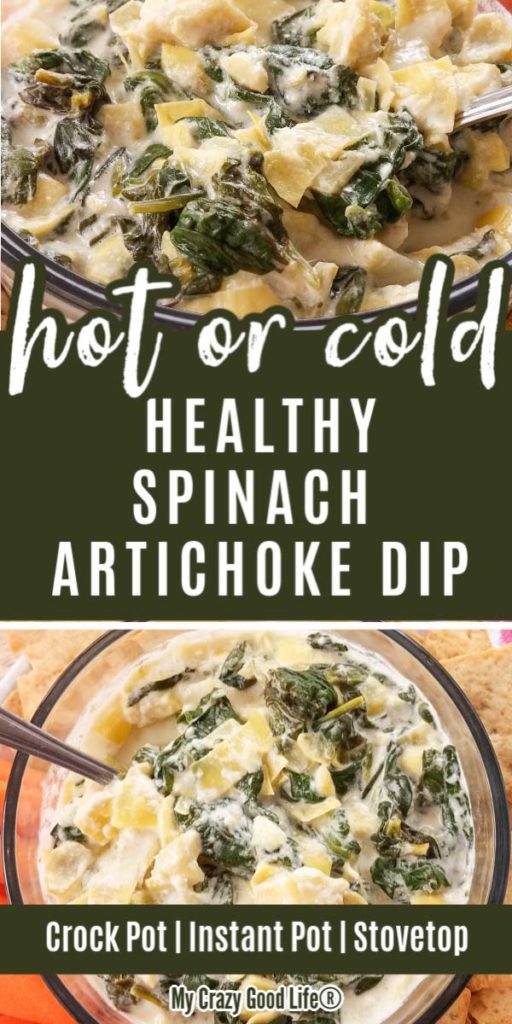 Image of spinach artichoke dip with text for pinterest