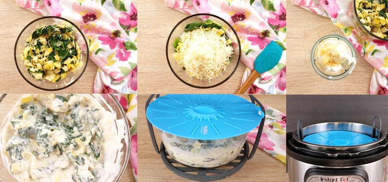 collage of pictures showing how to cook spinach artichoke dip