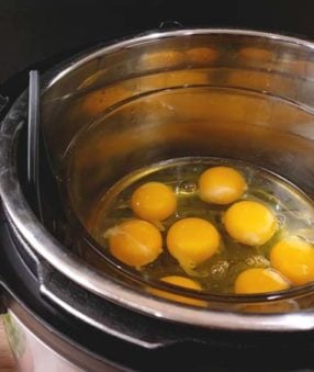 eggs in the Instant Pot being cooked in a glass dish