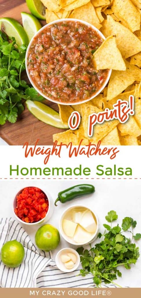 collage showing salsa in a white bowl with tortilla chips all around and the ingredients for salsa on the bottom.