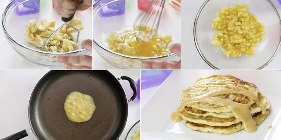 collage of ww pancakes being prepared