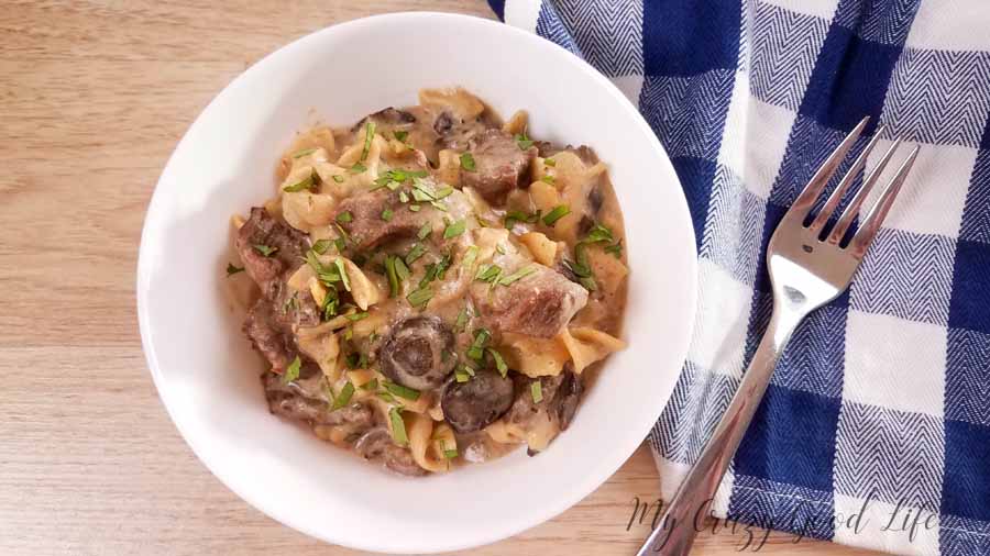 beef stroganoff on a white plate