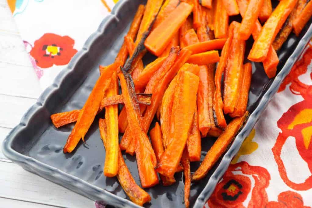 Recipe for Baked Carrot Fries in a dish