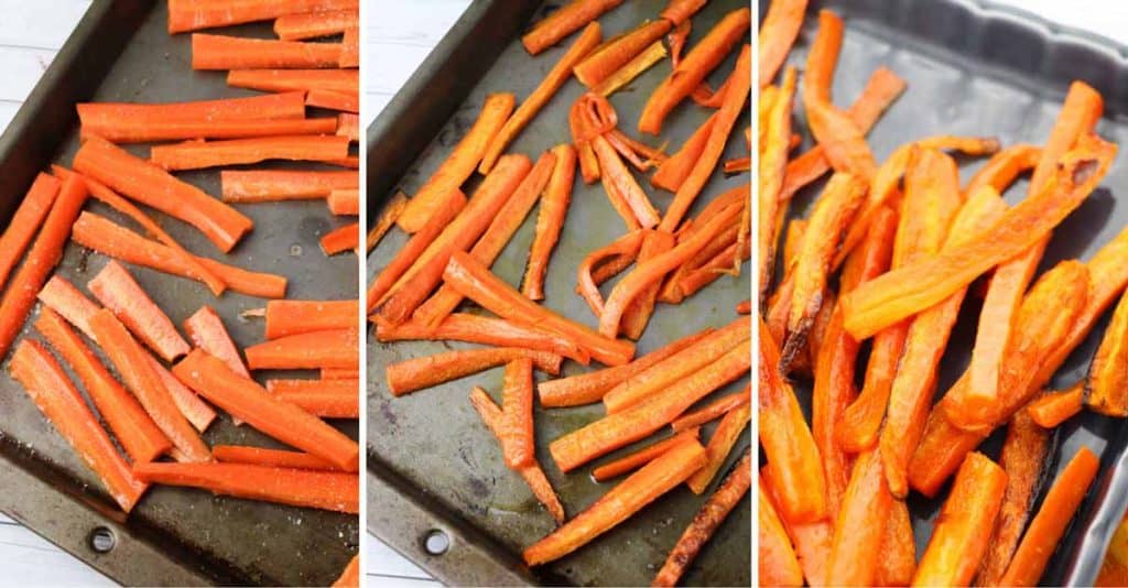 collage of images showing steps to make Recipe for Baked Carrot Fries