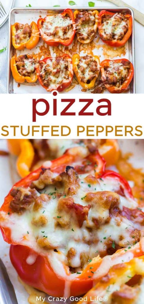 pinnable image with text of Pizza Stuffed Peppers