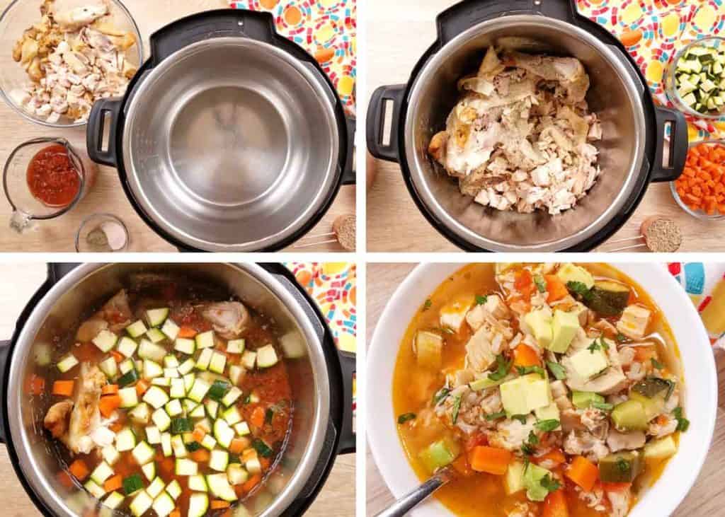 collage of pictures showing steps to make rotisserie chicken soup