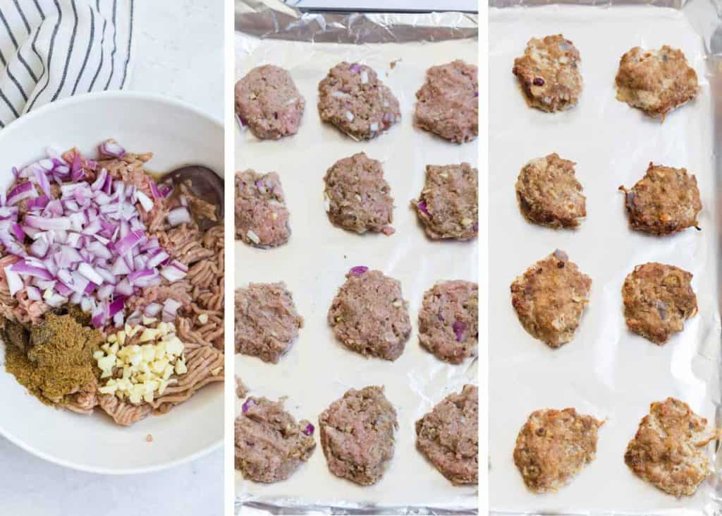 collage with three images showing steps to make homemade turkey sausage