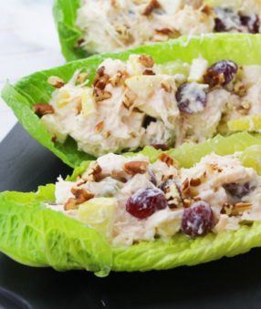 This chicken salad recipe is a great choice for lunches, dinner on the go, and protein filled snacks! Healthy chicken salad with greek yogurt and mayo is a great way to make low calorie chicken salad for sandwiches and apps! 21 Day Fix Chicken Salad | Chicken Salad with Grapes | Chicken Recipes | Chicken Dinner Recipes