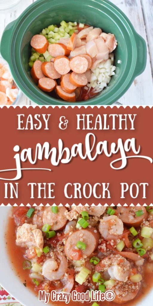 images of jambalaya in bowls with text for Pinterest