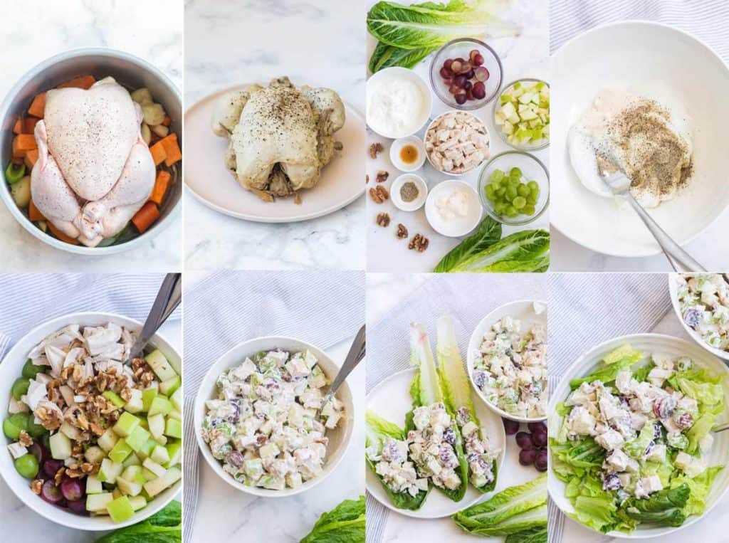 collage showing how to make this crockpot chicken salad