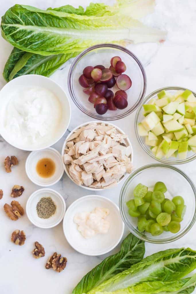 overhead shot of ingredients in this healthy chicken salad