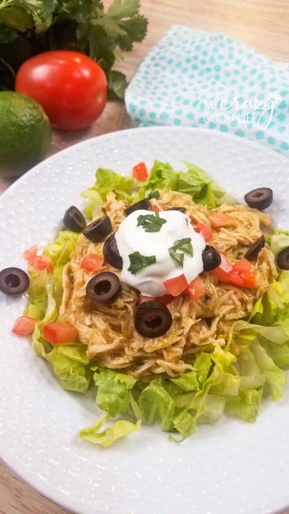 white plate with green chile chicken, sour cream, olives, and tomatoes