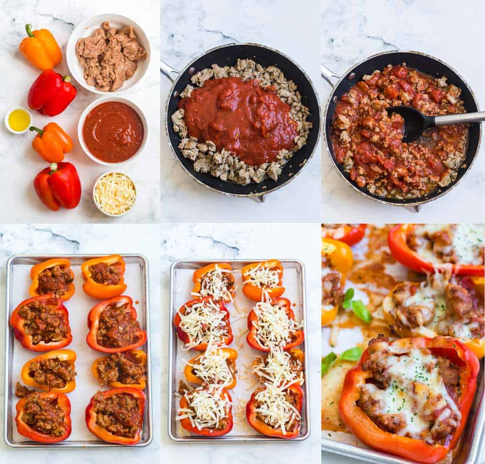 collage of steps to make Pizza Stuffed Peppers