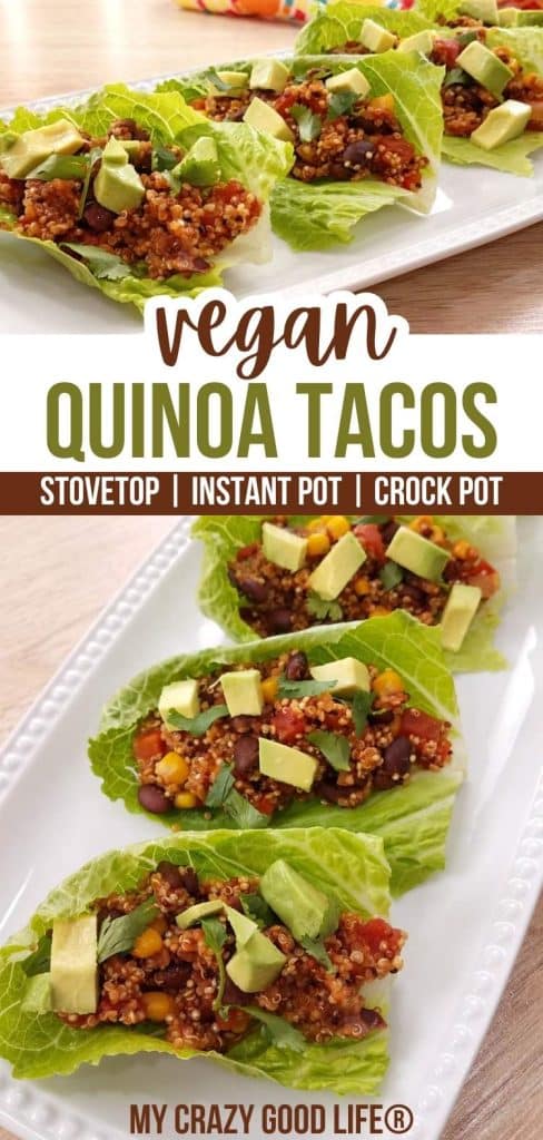 Images of quinoa tacos sitting on lettuce slices. The tacos are garnished with diced avocado.