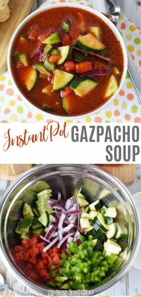 collage of ingredients for gazpacho soup and finished bowl of soup with text for pinterest
