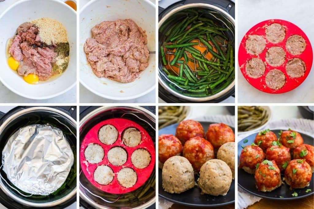 collage of 8 pictures showing steps to make Mini Turkey Meatloaves