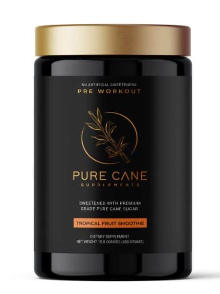 black and gold tub of pure cane preworkout powder in tropical smoothie flavor. 