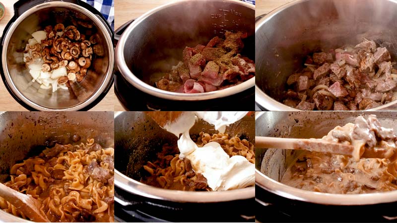 Collage of how to make beef stroganoff