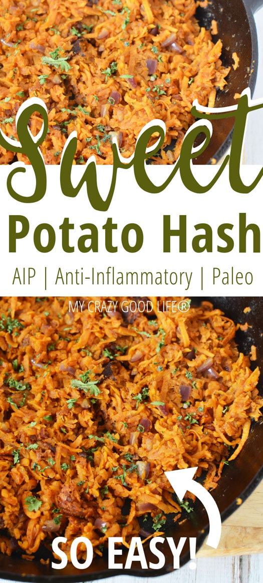 picture with text of sweet potato hash in a skillet