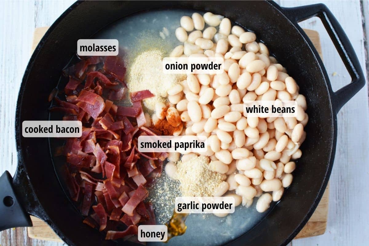 Labeled ingredients in a cast iron skillet to include cooked bacon, white beans, garlic powder, onion powder, smoked paprika, molasses, and honey.