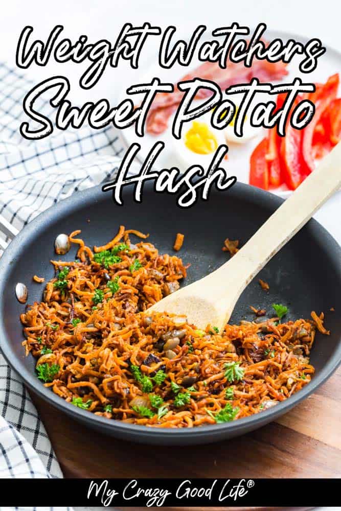 pan of sweet potato hash with wooden spoon scopping some out. Text added for pinterest. 