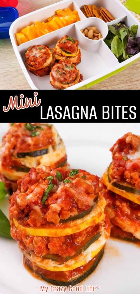 collage with text showing cooked mini lasagna bites