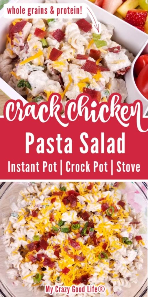 collage images of crack chicken pasta with text for pinterest